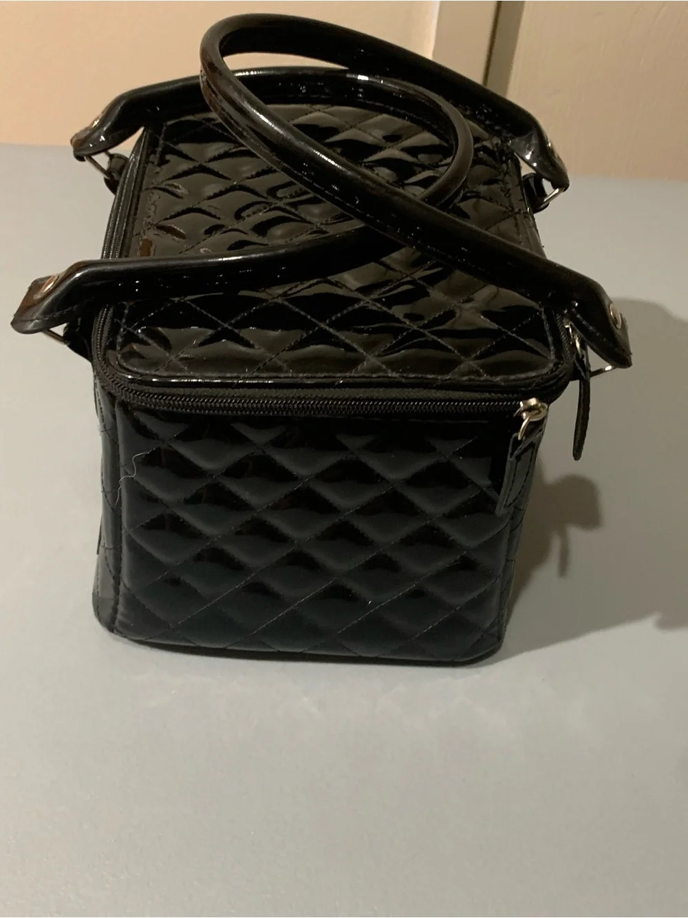 Black Quilted Patent Cosmetic Train Case with Double Handles